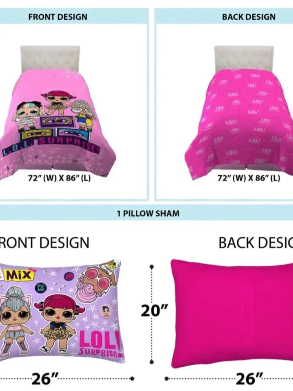 LOL SURPRISE! REMIX Reversible Comforter 2 Piece Set Twin-Full 72 x 86 NEW